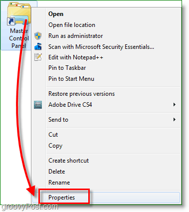 Snimak zaslona sustava Windows 7 - desnom tipkom miša kliknite prečac i idite na svojstva