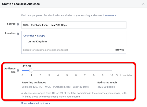 Opcija veličine publike prilikom izrade vaše Facebook Lookalike publike od vaše prilagođene publike.
