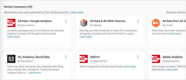 Google Data Studio nudi partnerske konektore koje su izradili treći partneri.