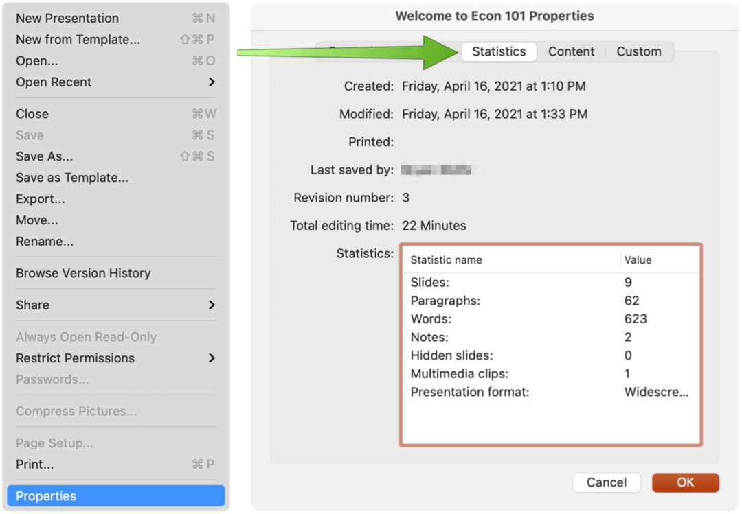 PowerPoint Presentation Word Count na Macu