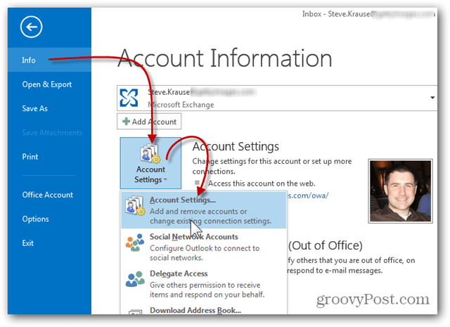 Dodavanje poštanskog sandučića Outlook 2013 - Kliknite Postavke informacija računa