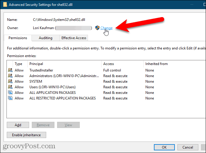 Kliknite Promijeni za vlasnika u dijaloškom okviru Napredne sigurnosne postavke u uređivaču registra sustava Windows