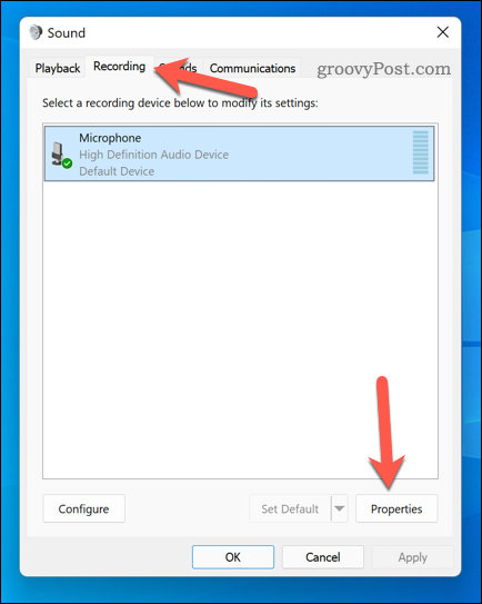 Otvaranje izbornika svojstava mikrofona u sustavu Windows 11