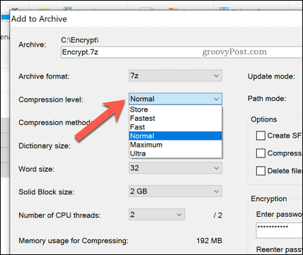 Opcije kompresije datoteke za 7zip arhivsku datoteku u sustavu Windows 10