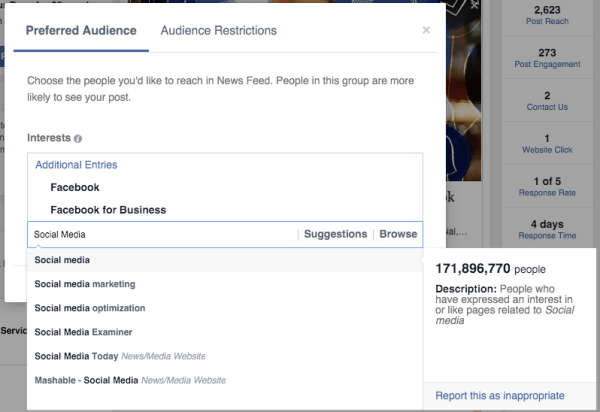 facebook optimizacija publike preferirala je interese publike