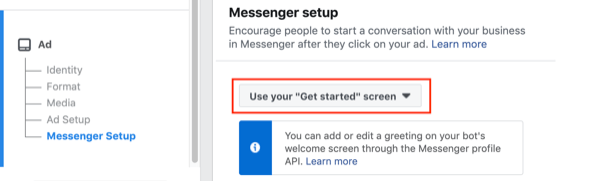 Facebook oglasi za Messenger, korak 2.