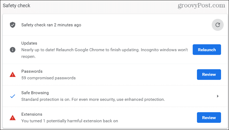 Rezultati Chromeove provjere sigurnosti