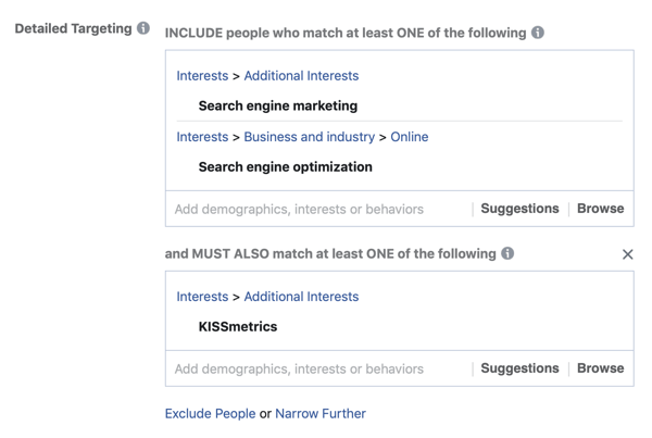 Primjer raspoređivanja vaših rezultata u interese publike na Facebook oglasima pomoću polja MORA TAKOĐE podudaranja.