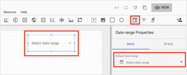Kliknite alat Raspon datuma na alatnoj traci i nacrtajte okvir u području grafikona gdje želite dodati kontrolu.