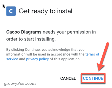 Potvrđivanje instalacije dodatka Google Docs Cacoo