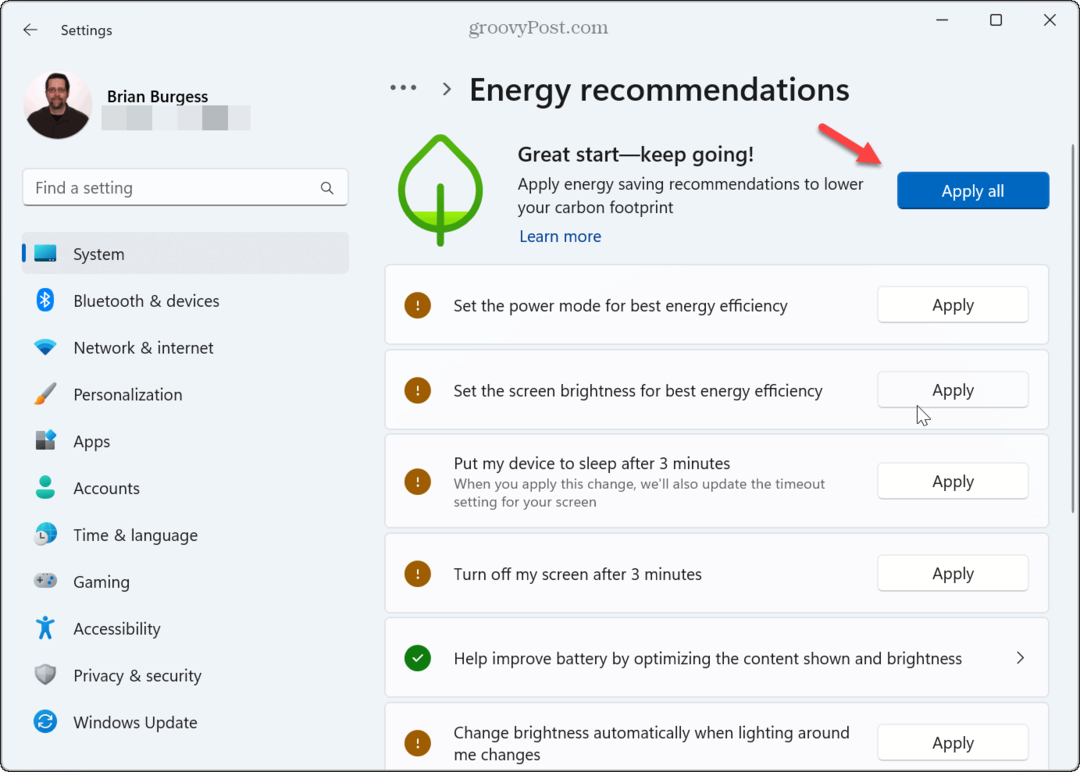 Kako primijeniti energetske preporuke na Windows 11