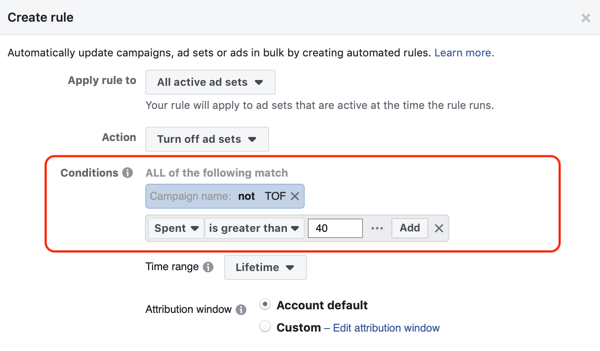 Koristite Facebook automatizirana pravila, zaustavite postavljanje oglasa kada je potrošnja dvostruka i ako je kupnja manja od 1, korak 2, postavke uvjeta