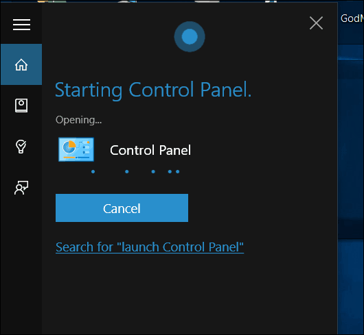 Upravljačka ploča Windows 10 Cortana Open