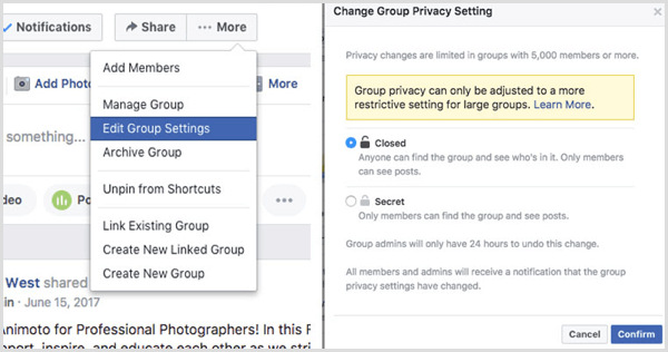 Facebook grupa promijeni postavku privatnosti