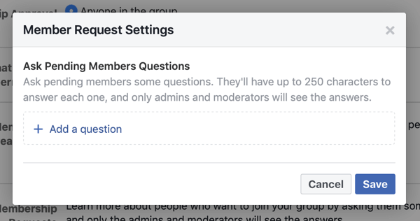 Kako poboljšati zajednicu Facebook grupa, primjer postavki zahtjeva za članstvo u Facebook grupi koje omogućuju pitanja o novim članovima