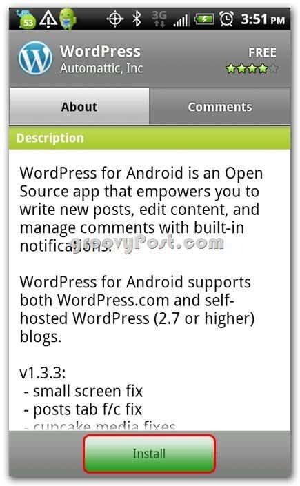 Wordpress na zaslonu za instaliranje Androida