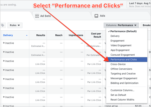 Na padajućem izborniku Stupci u Facebook Ads Manageru odaberite Performance and Clicks.