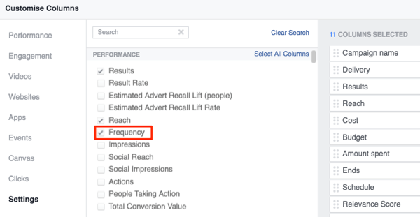 facebook upravitelj oglasa prilagodite stupce za dodavanje učestalosti