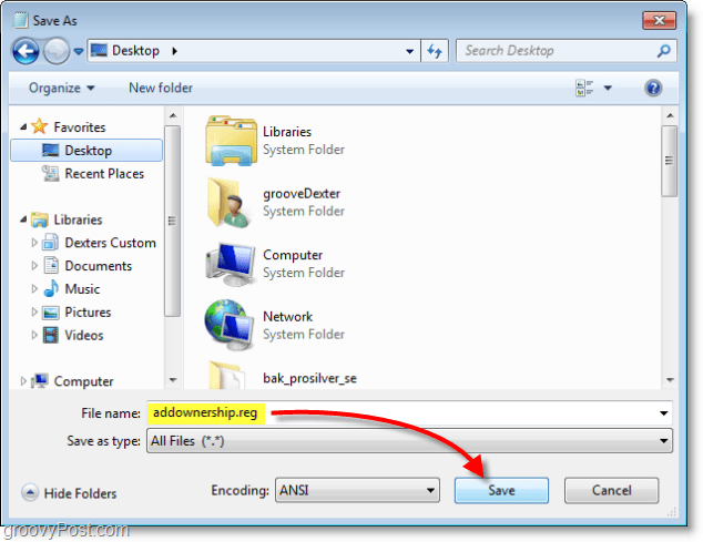 Snimak zaslona sustava Windows 7 - spremite kao addownership.reg