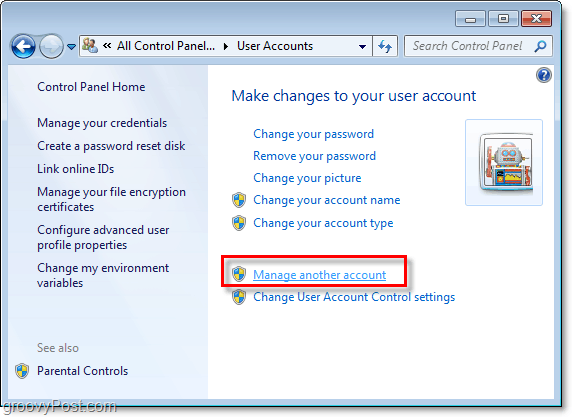 kliknite upravljanje drugim računom sa stranice korisničkog računa sustava Windows 7