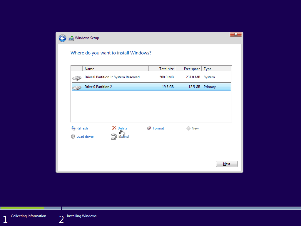 05 Izbrišite postojeću primarnu particiju sustava Windows 10 Clean Install
