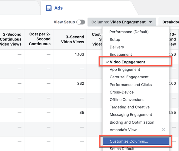 Prilagodite stupce izvješća u Facebook Ads Manageru.