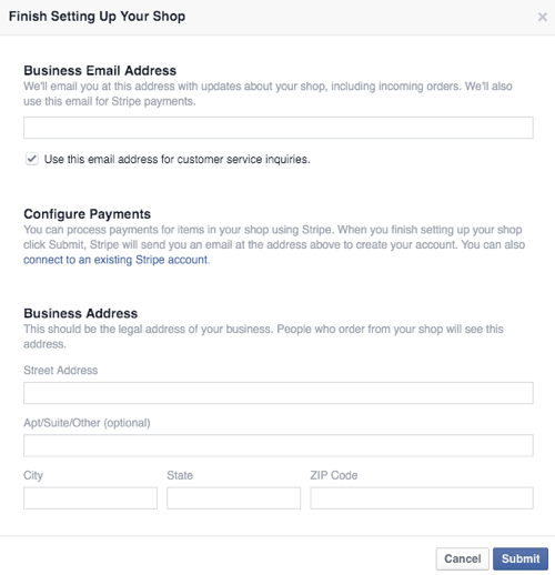 konfigurirajte podatke o poslovanju i plaćanju putem facebook trgovine