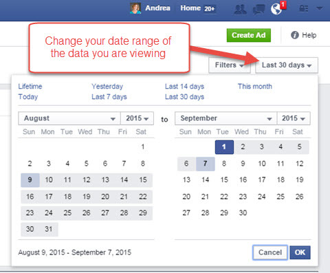 datumski raspon izvješća facebook oglasa upravitelja oglasa