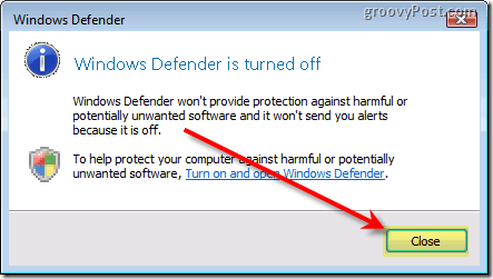 Onemogućite Windows Defender Vista