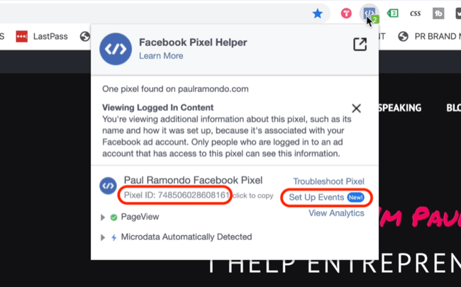Opcija Postavljanje događaja u Facebook pixel helper-u