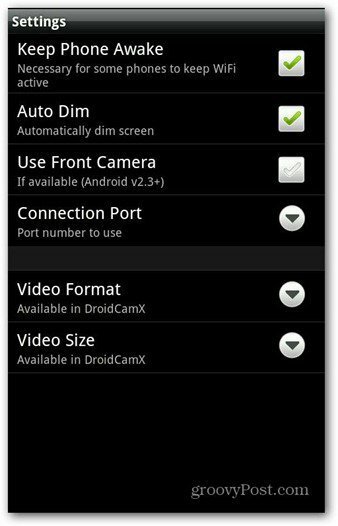 Postavke aplikacije DroidCam za Android