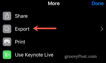 Započnite postupak izvoza iz Keynote-a u PowerPoint na iOS-u