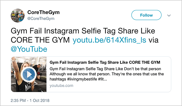 Ovo je snimka zaslona tvita s @CoreTheGym. Tweet kaže "Gym Fail INstagram Selfie Tag Share Like CORE THE GYM" i vodi do YouTube videozapisa. Opis videozapisa je "Ne budite poput te osobe. Iako tu osobu svi znamo. Oni su ti koji koriste hashtagove #livingmybestlife ”. Veza za videozapis je youtu.be/614Xfins_ls.
