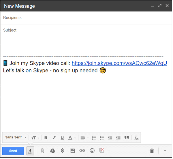 Kliknite ikonu Skype na dnu e-pošte da biste dodali vezu za poziv.