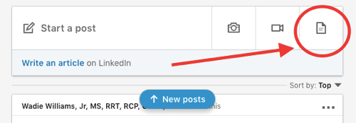 Post za dijeljenje dokumenata LinkedIn, prenesite dokument na organski post, korak 1, dodajte novu ikonu dokumenta