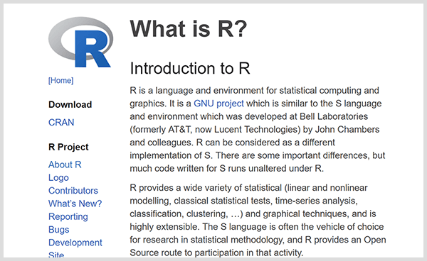 Izradite vlastite alate za prediktivnu analitiku s programskim jezikom R. Snimak zaslona uvodne web stranice R. 