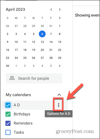 Snimka zaslona ikone tri točke Google kalendara