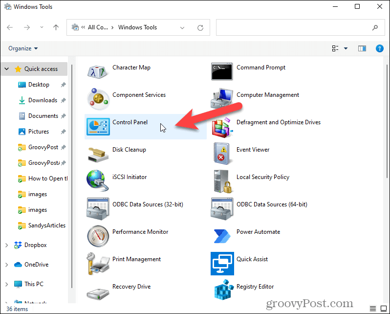 Otvorite Upravljačku ploču u Windows Alatima