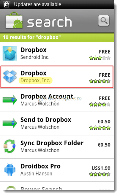 Android izbornik za pretraživanje Dropbox