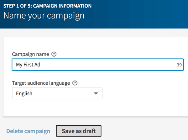 Upišite naziv za svoju LinkedIn kampanju i kliknite Spremi kao skicu.