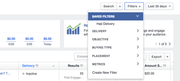 podaci za filtriranje upravitelja oglasa na facebooku