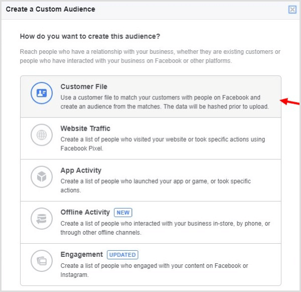 Stvorite Facebook stvorite prilagođenu publiku na temelju vašeg popisa e-pošte.