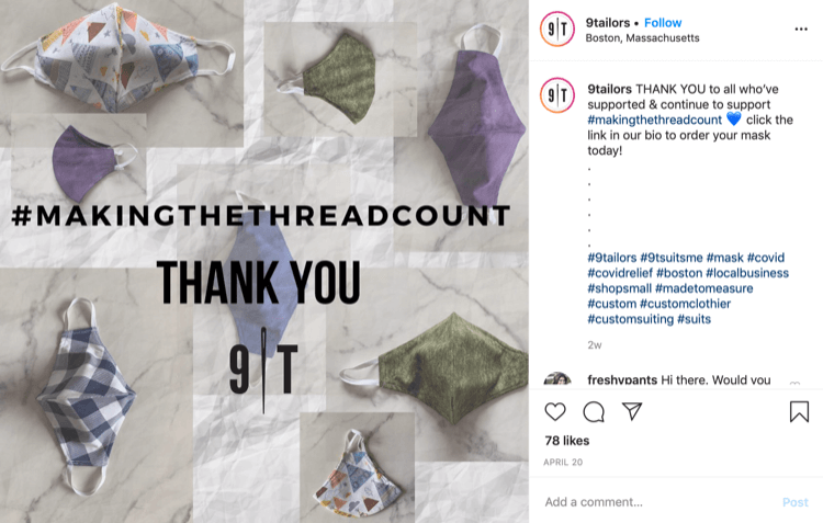 9Tailor Instagram post o prodaji maski