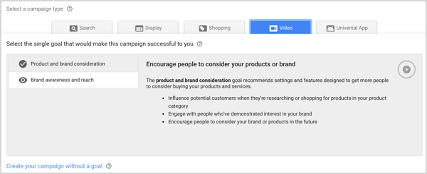 Vrsta kampanje za svijest o robnoj marki i doseg u Google AdWordsu.