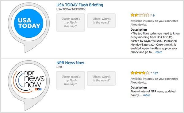 Unosi Alexa brifing brifinga imaju sivi govorni oblačić s okruglim logotipom proizvođača kao što su USA TODAY ili NPR. Popisi također uključuju ocjenu i opis zvjezdicama.