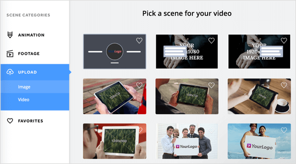 Odaberite scenu za svoj videozapis na kartici Biteable Upload.
