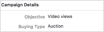 Odaberite cilj Video Views za svoju Facebook kampanju.