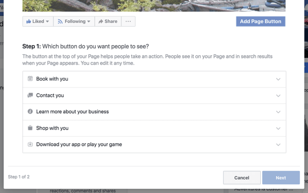 Korak 1 za stvaranje gumba za poziv na akciju vaše poslovne stranice na Facebooku.