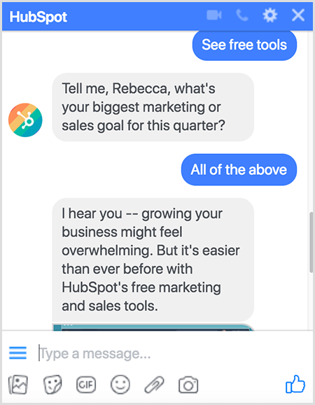 Molly Pitmann kaže da postavljanje pitanja dobro funkcionira u chatbogu. Chatbot HubSpot postavlja pitanja kao što je Koji je vaš najveći marketinški ili prodajni cilj u ovom tromjesečju?