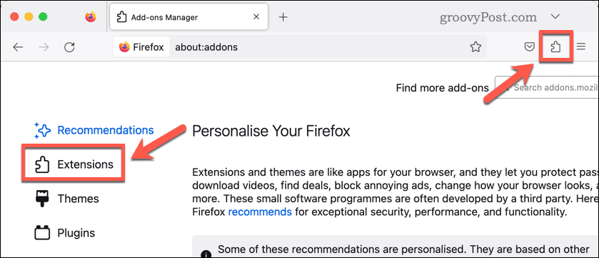 Otvorite Firefox ekstenzije